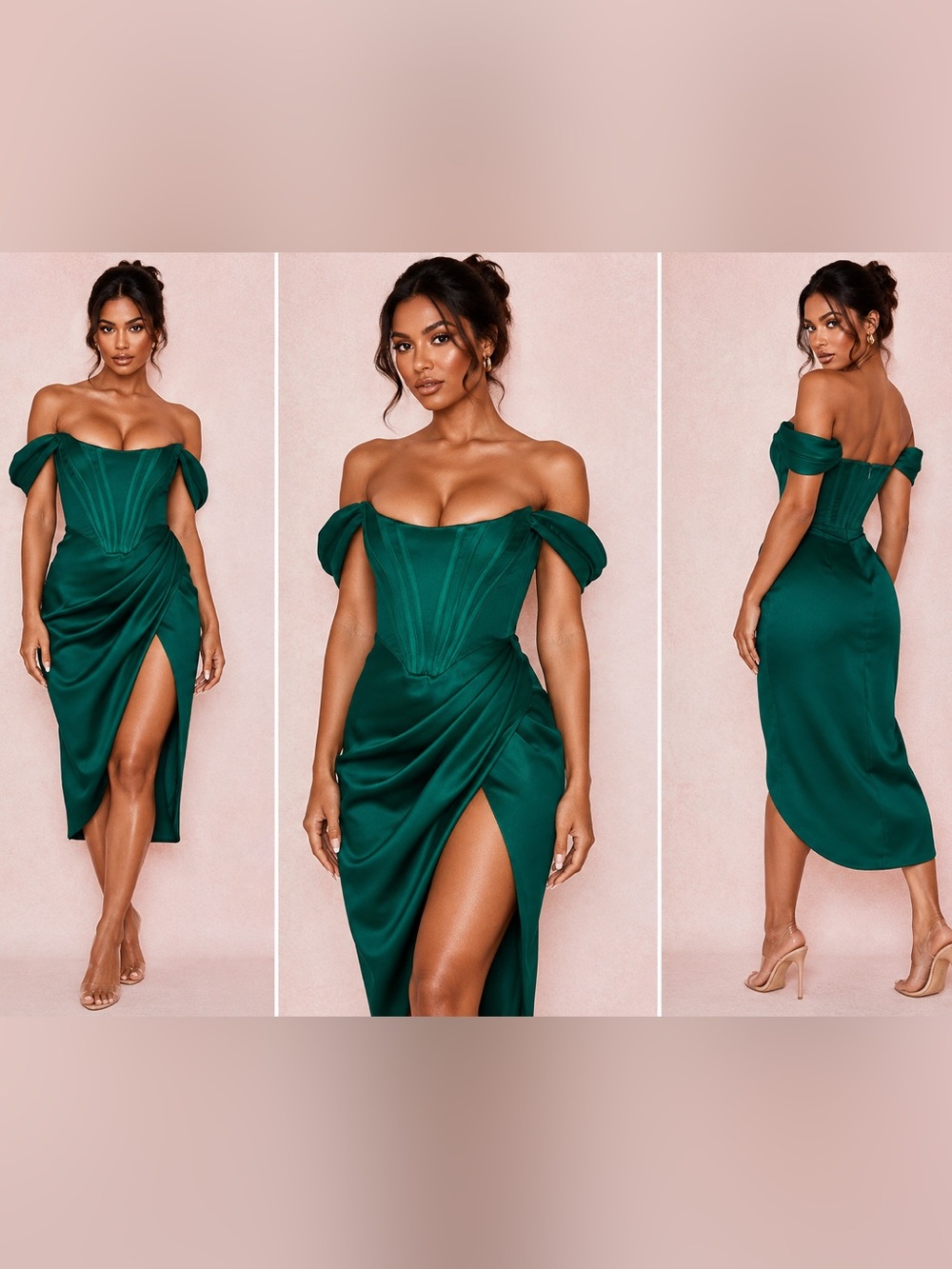 Emerald Green Satin Corset Midi Dress Off Shoulder High Slit Formal